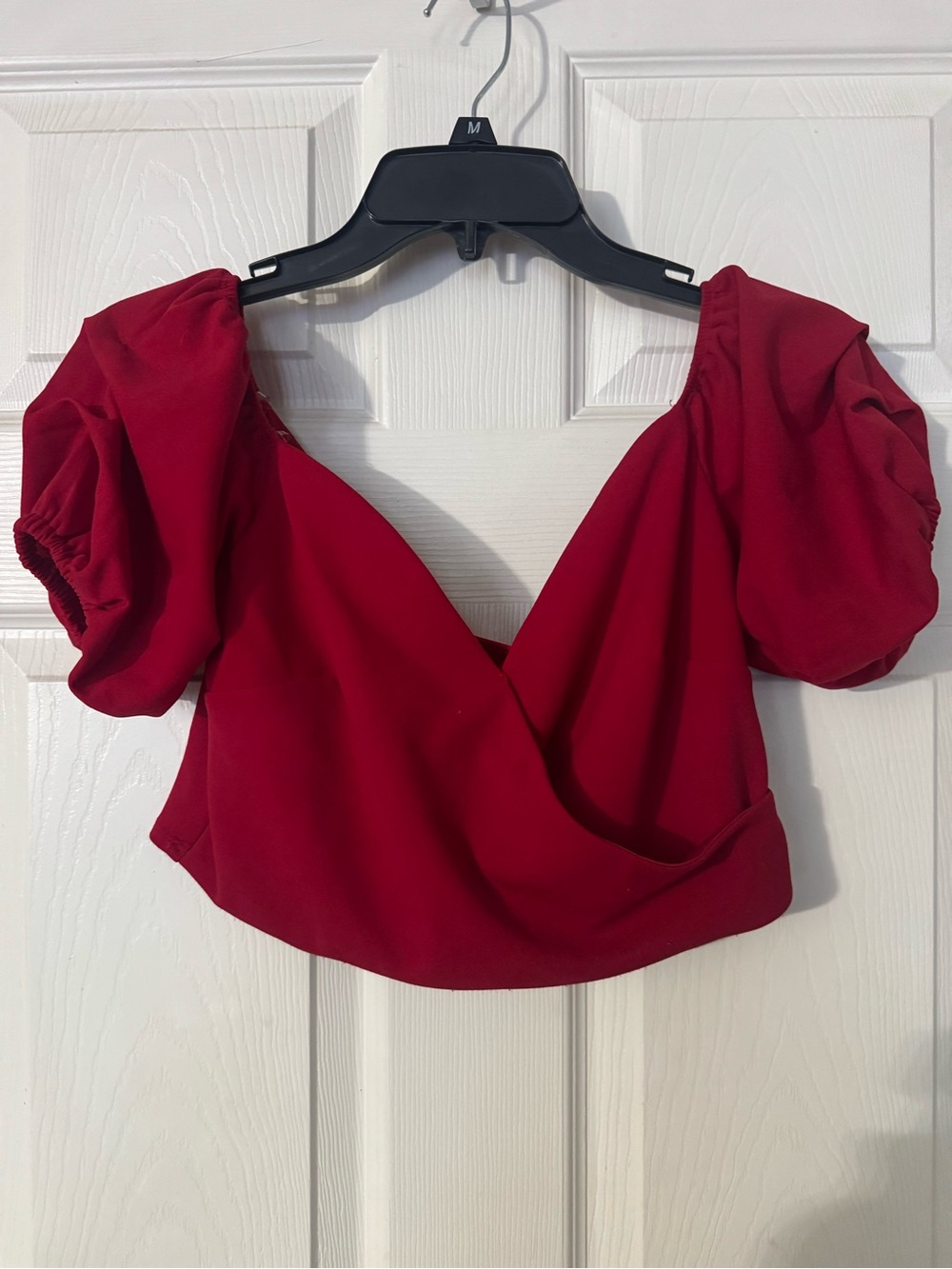 Puff Sleeve V-Neck Crop Top in Deep Red
